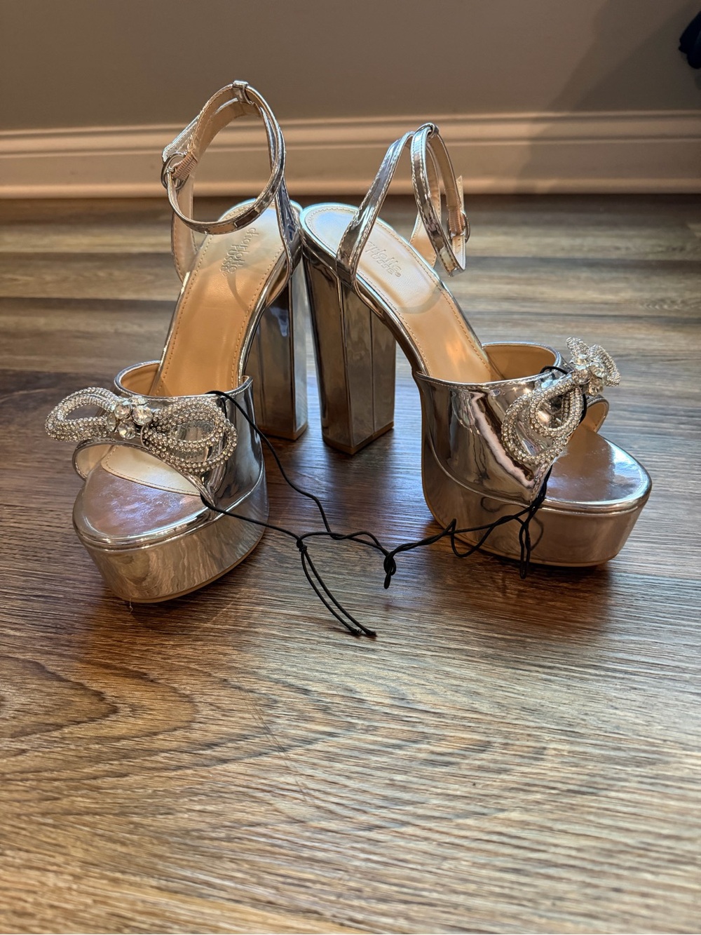Charlotte Russe Silver Metallic Platform Block Heels with Crystal Bow